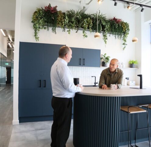 Shared kitchen for flexible workspace.