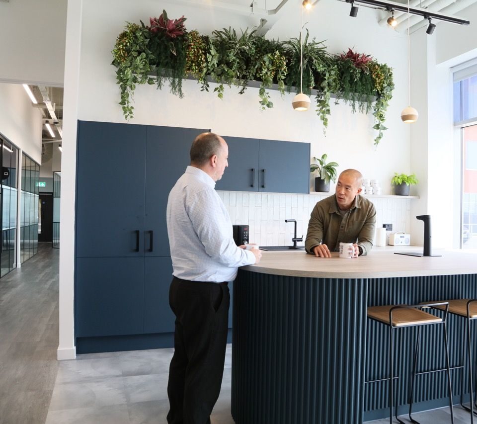 Shared kitchen for flexible workspace.